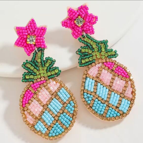 New Colorful Beaded Pineapple Earrings - Picture 1 of 9
